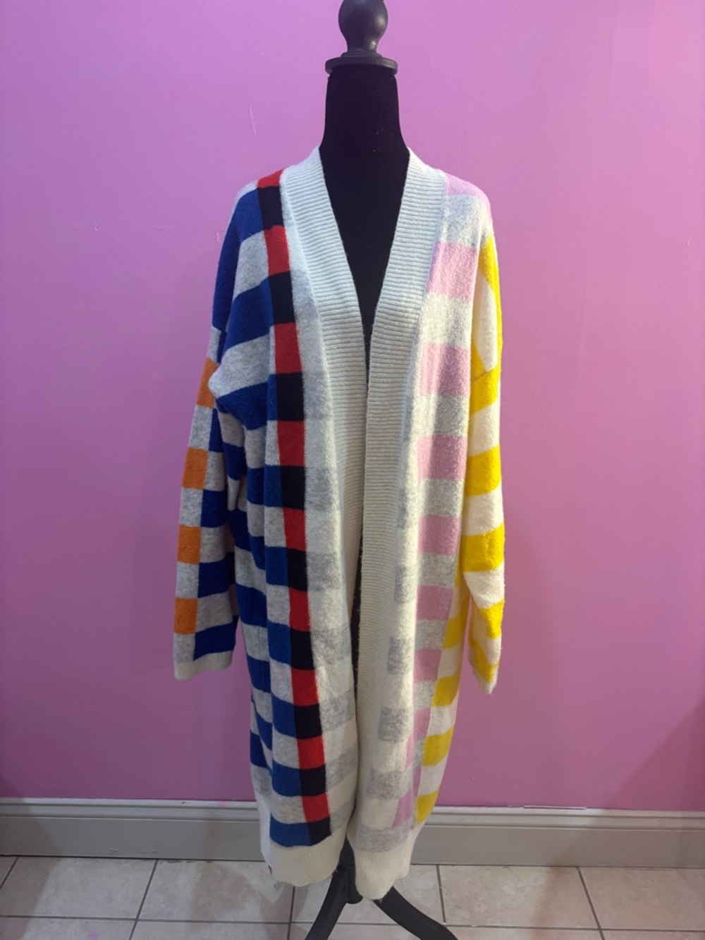 Lego Multi-Color Checkered Open-Front Cardigan — Blue, Red, Pink, Yellow, Cream